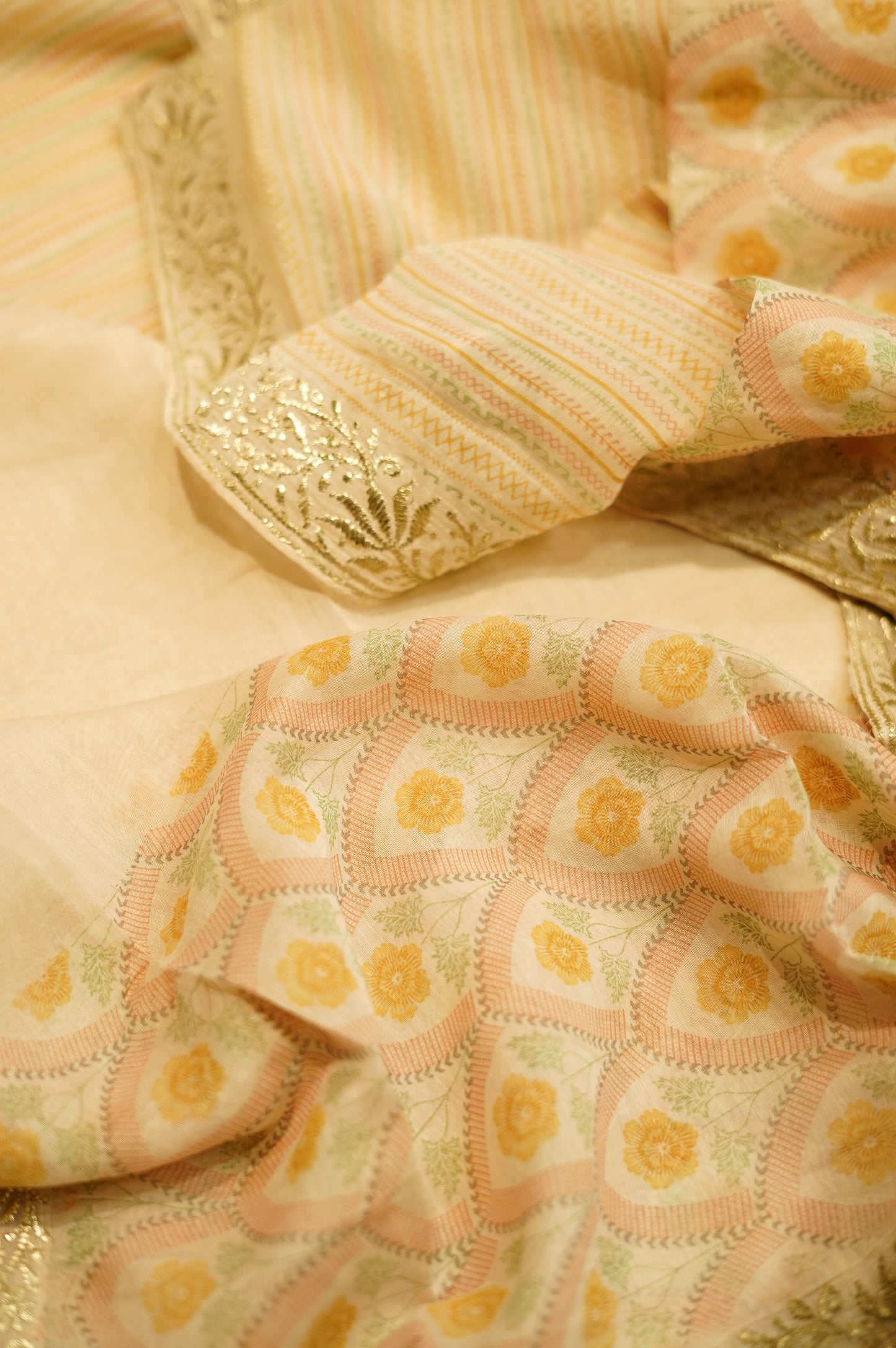 Off White Pure Mul Chanderi Block Printed Suit with Zari Embroidery