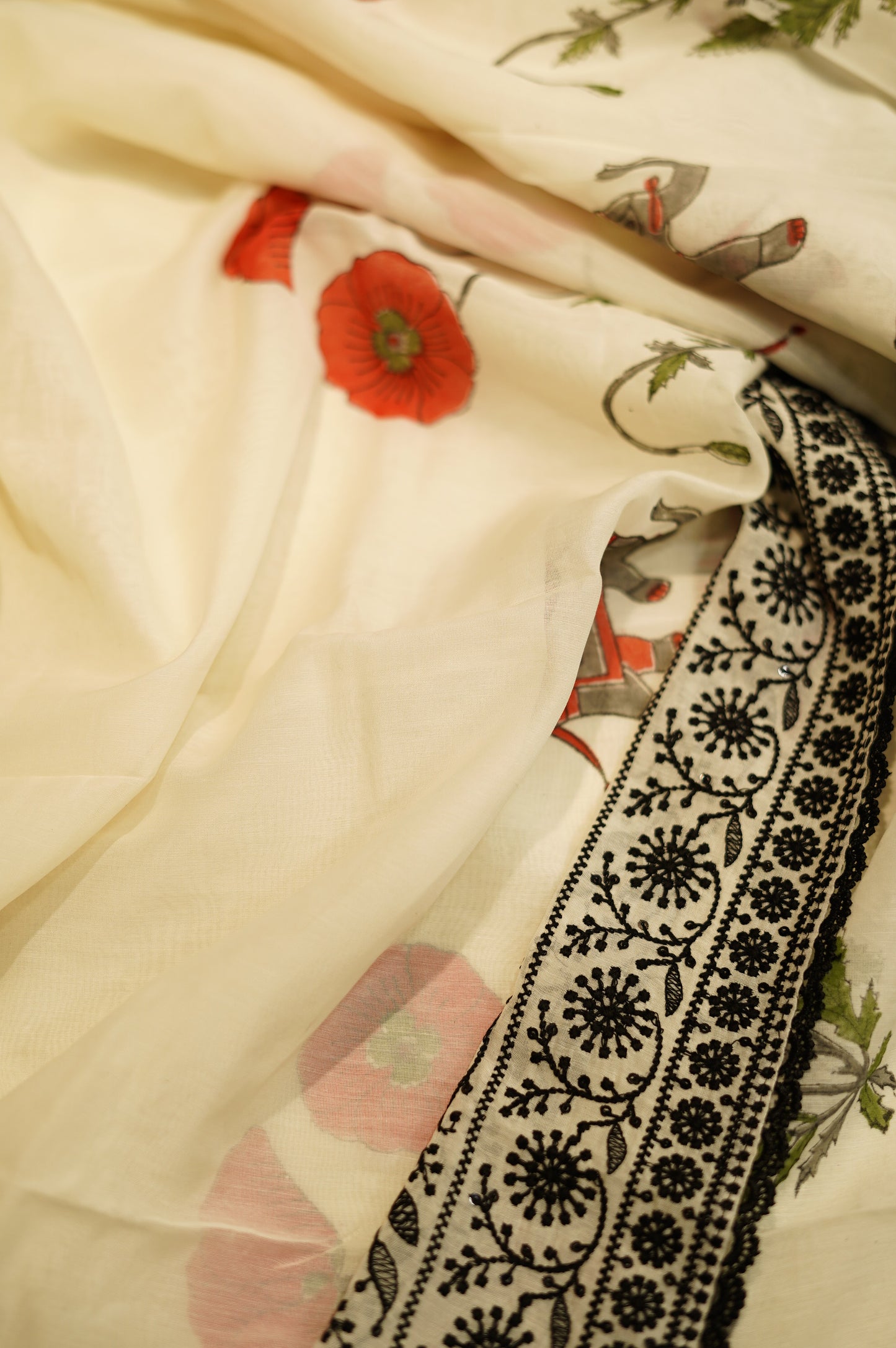 Off White Pure Mul Chanderi Block Printed Suit with Lace Work