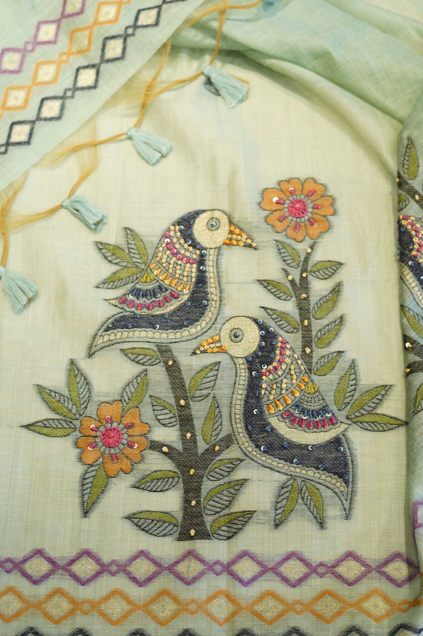 Green Jamdani Chanderi Suit with Handwork