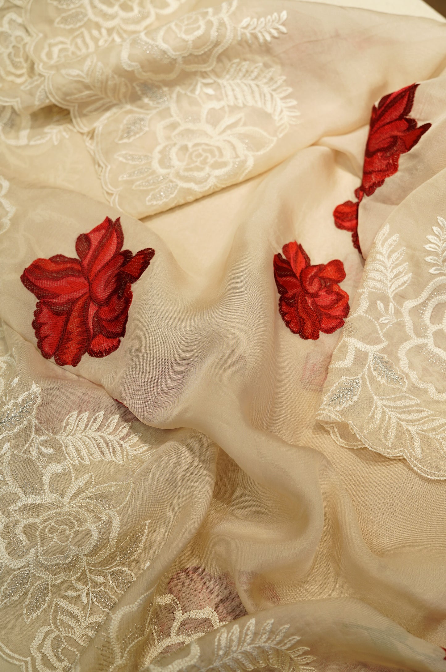 Cream Organza Suit with Embroidery