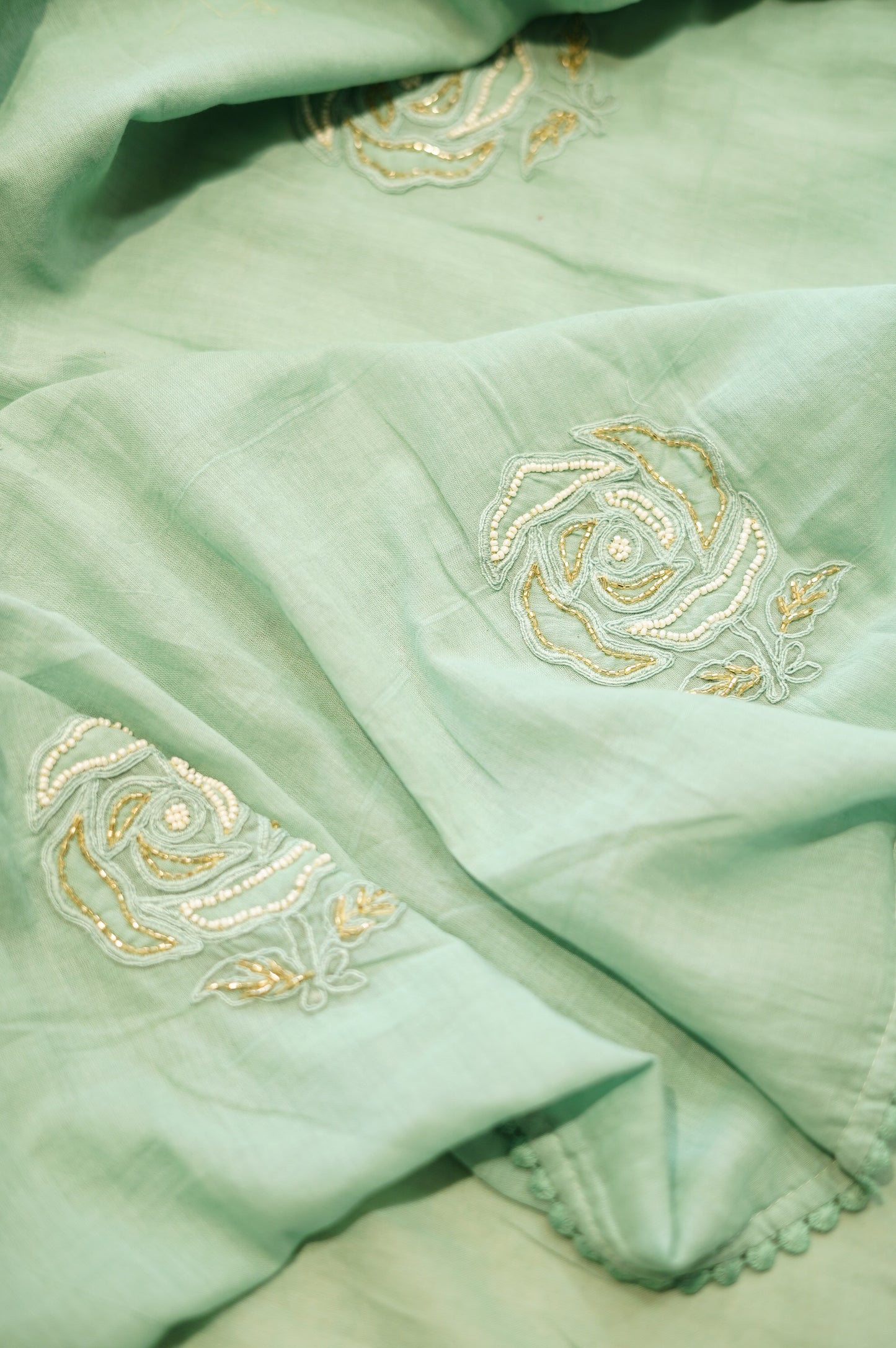 Turquoise Mul Chanderi Suit with Applique Work