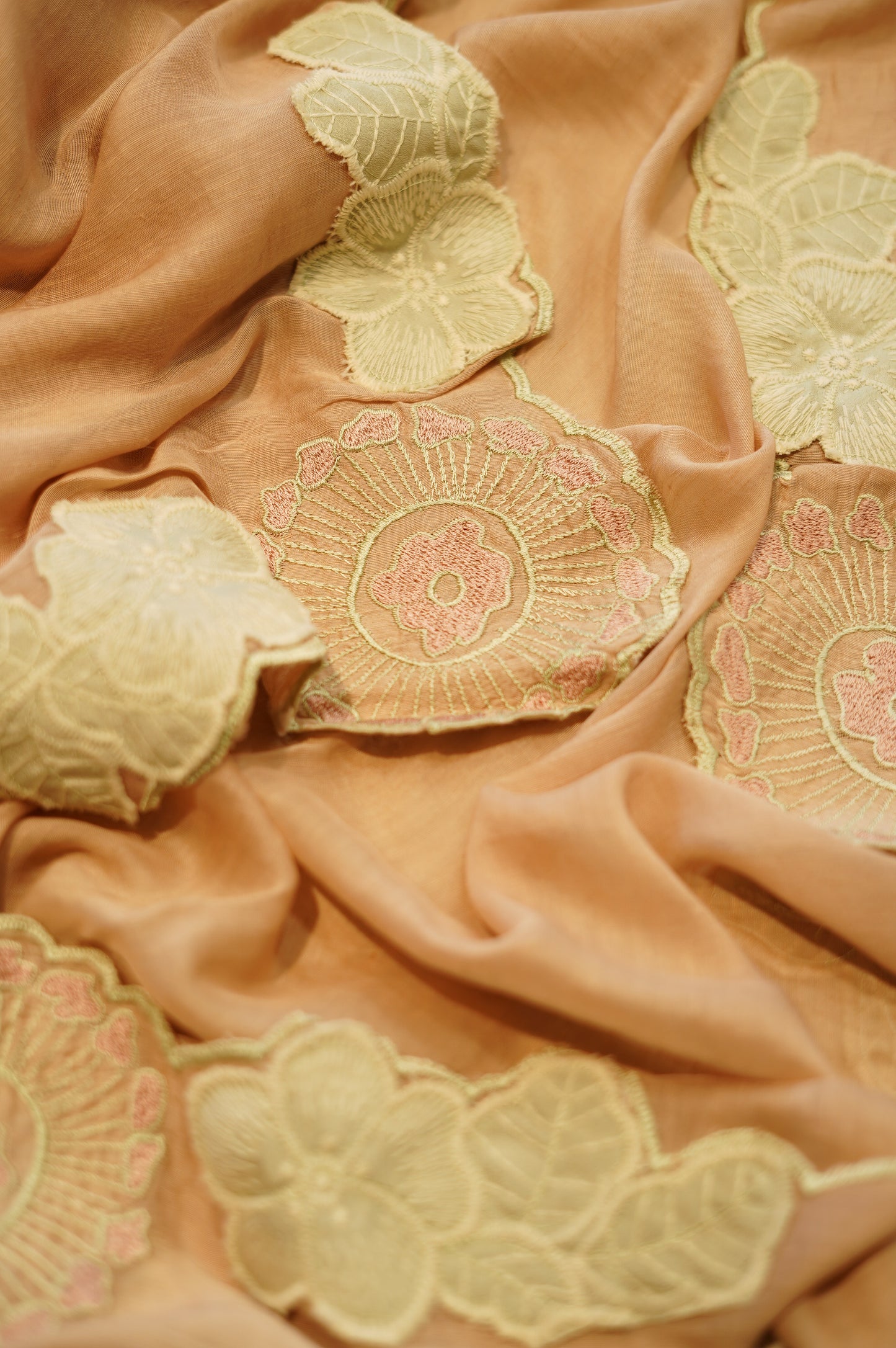 Peach Chanderi Jaquard Suit with Applique Work