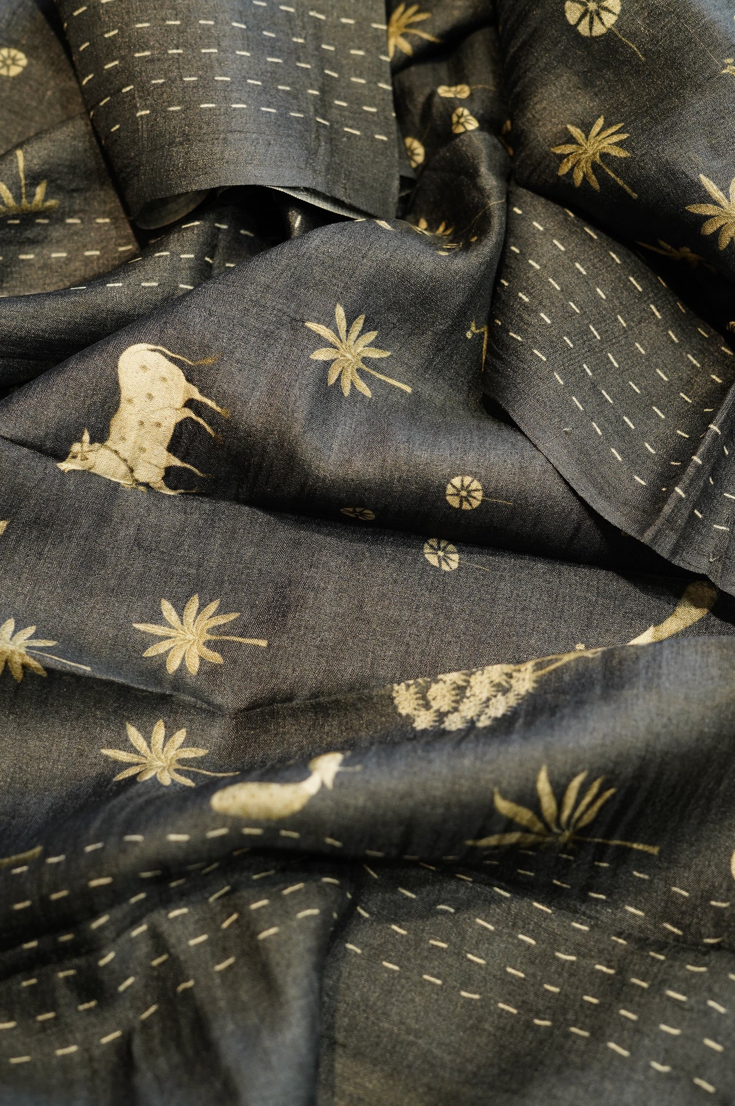 Dark Grey Pure Tussar Silk Suit with Pichwai Print