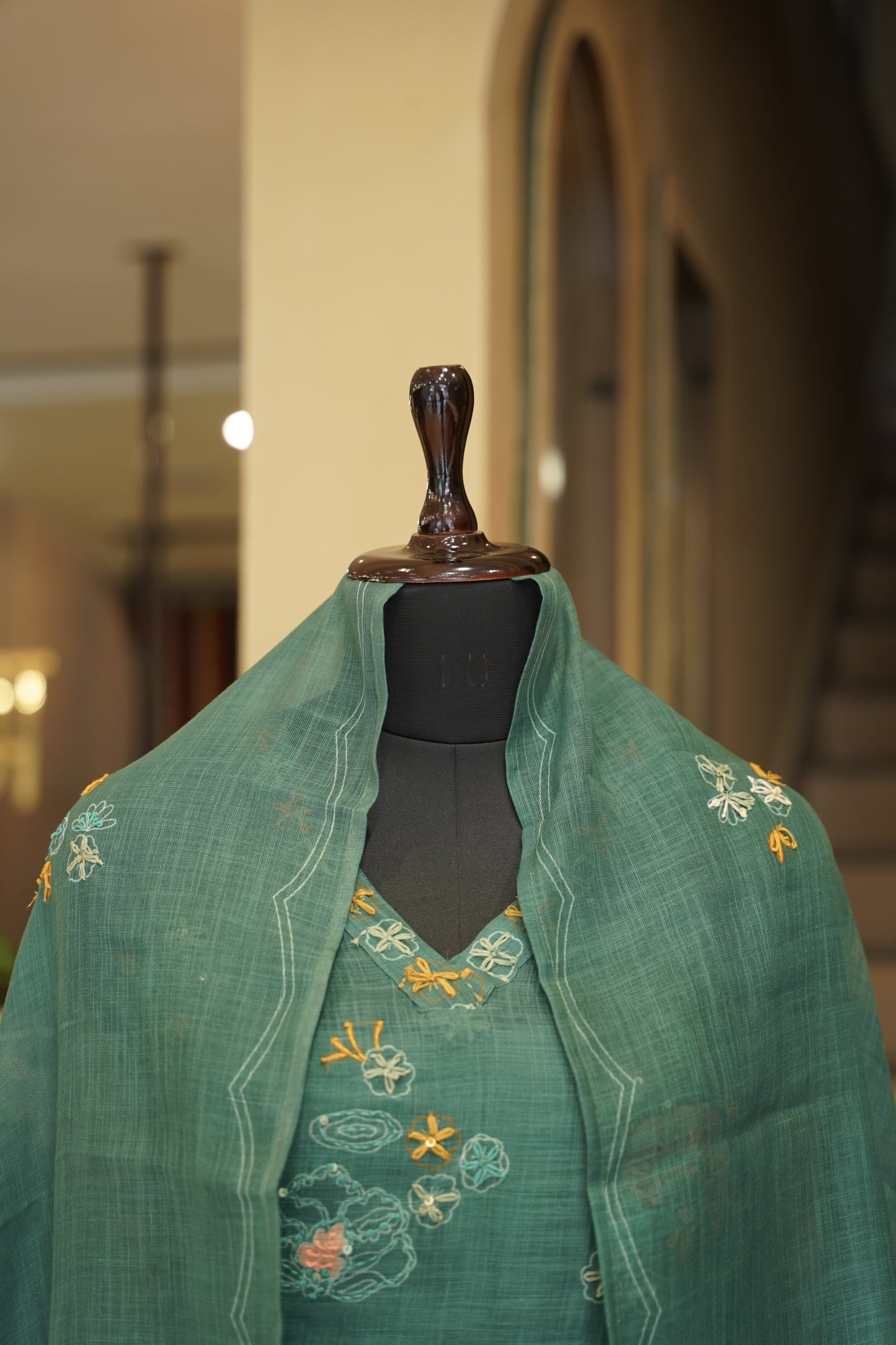 Green Printed Linen Suit with Hand Embroidery
