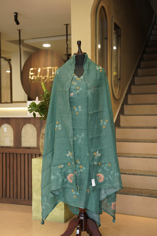 Green Printed Linen Suit with Hand Embroidery
