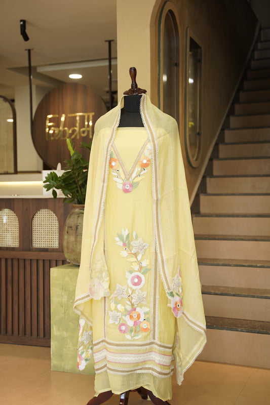 Yellow Mul Chanderi Suit with Jute Applique Work