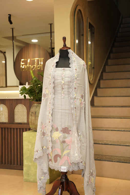 Grey Mul Chanderi Suit with Applique Work