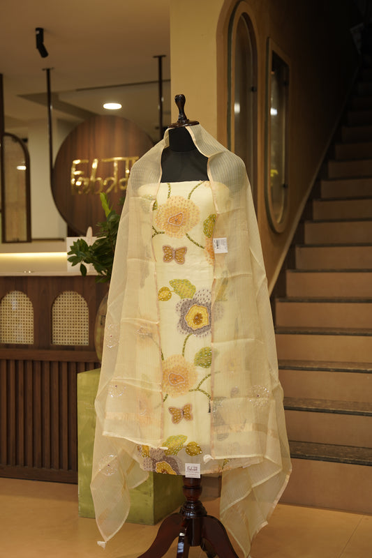 Cream Pure Organza Hand Painted Suit with Hand Work