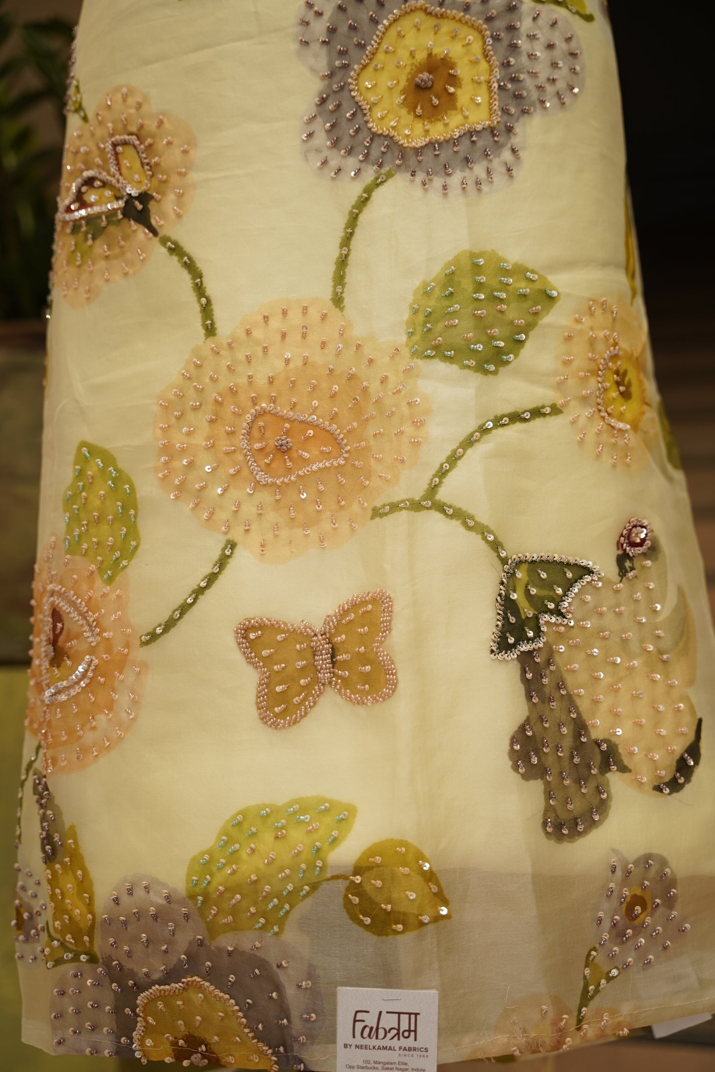 Cream Pure Organza Hand Painted Suit with Hand Work