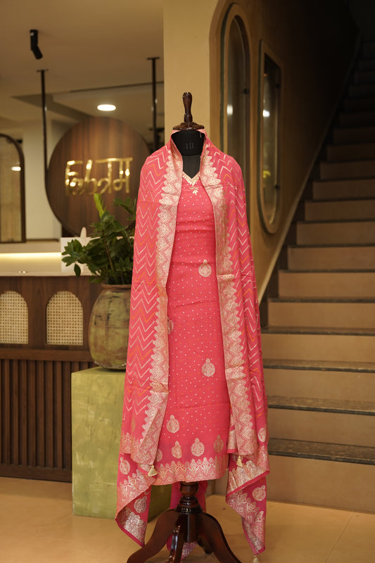 Pink Chinon Bandhej Banarasi Suit