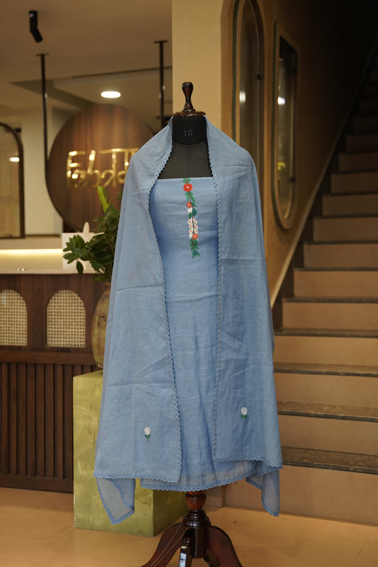 Blue Mul Chanderi Suit with Appliqué Work