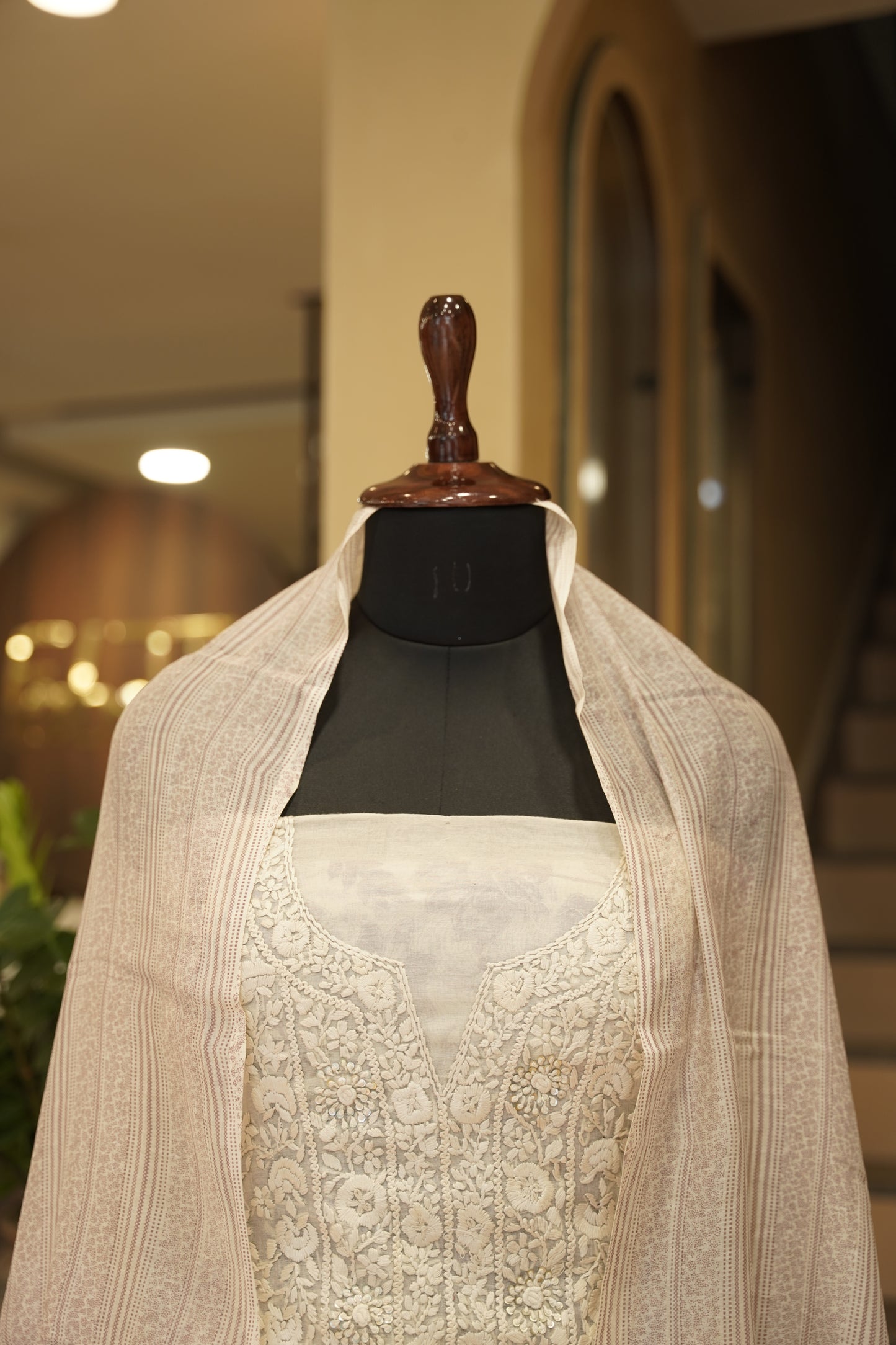 Off White Block Printed Mul Chanderi Suit with Katha Work