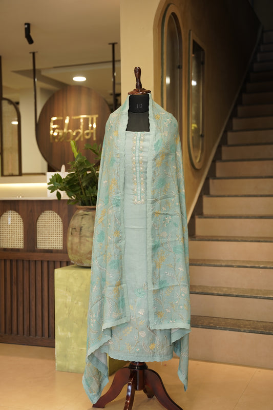 Green Linen Suit with Applique Work