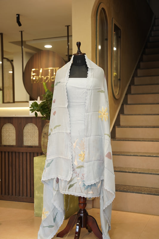 Sky Blue Mul Chanderi Hand Painted Suit