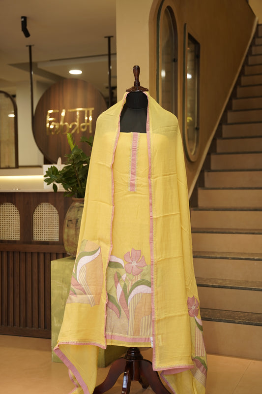 Yellow Mul Chanderi Suit with Applique