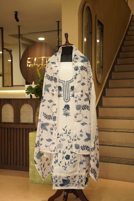 Off White Printed Chanderi Suit with Aari Embroidery