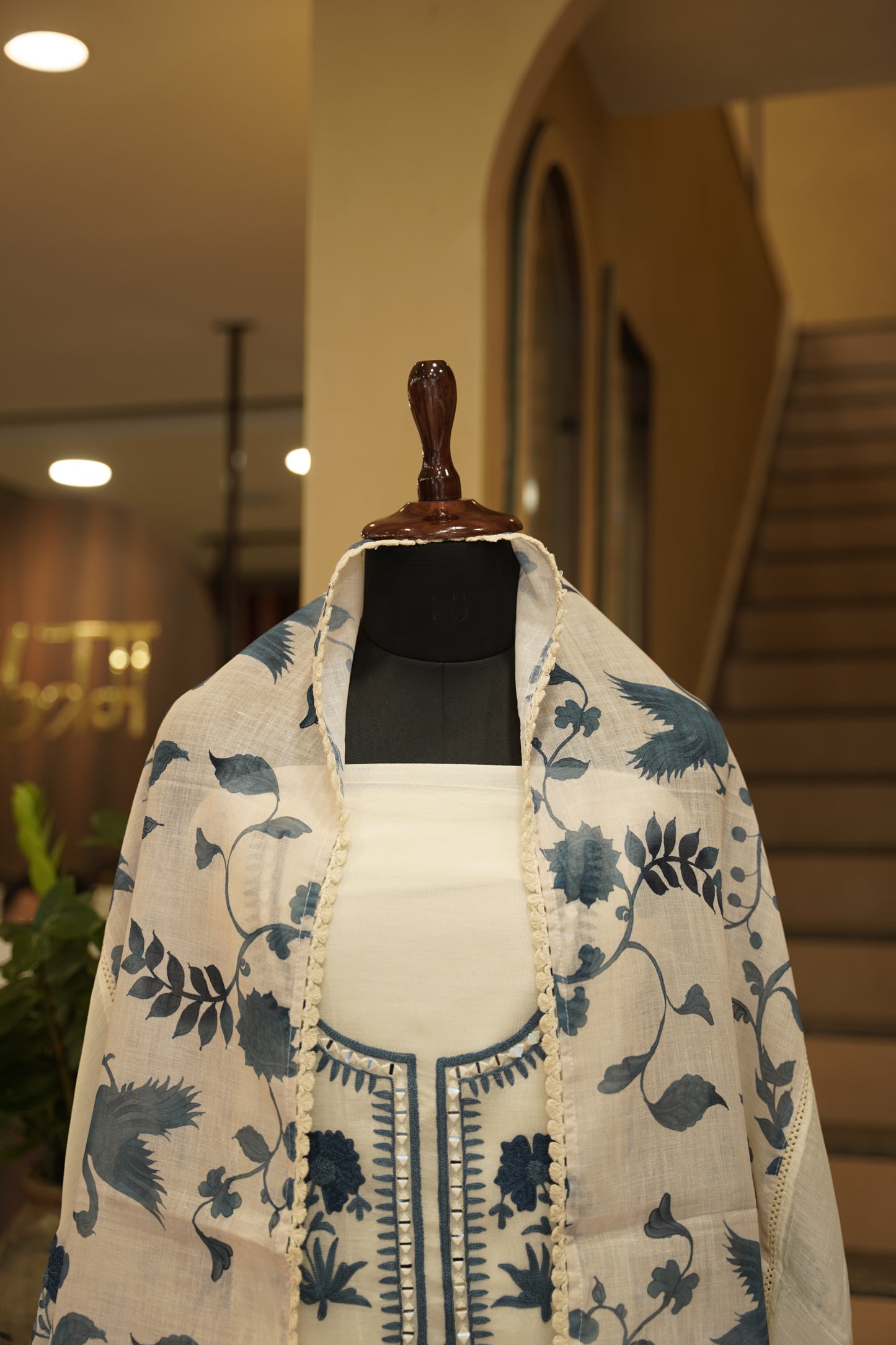 Off White Printed Chanderi Suit with Aari Embroidery
