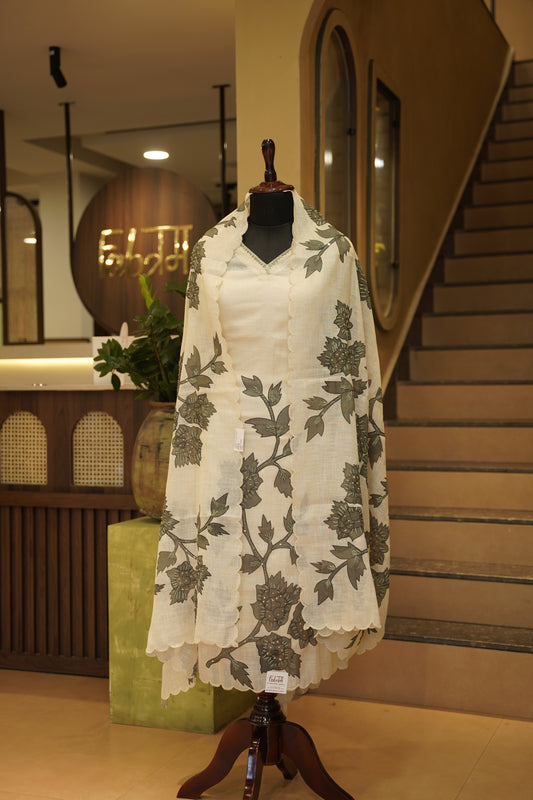 Cream Linen Tissue Printed Suit with Katha Work