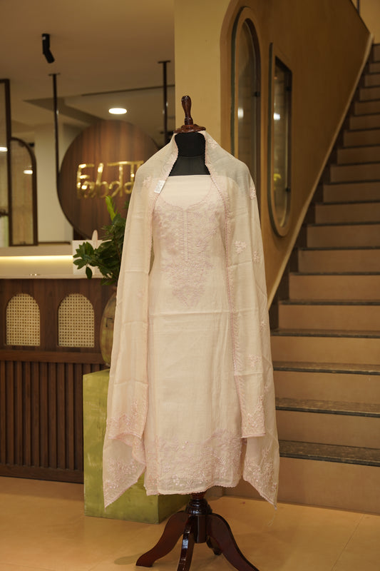 Dusty Mul Chanderi Suit with Hand Applique Work