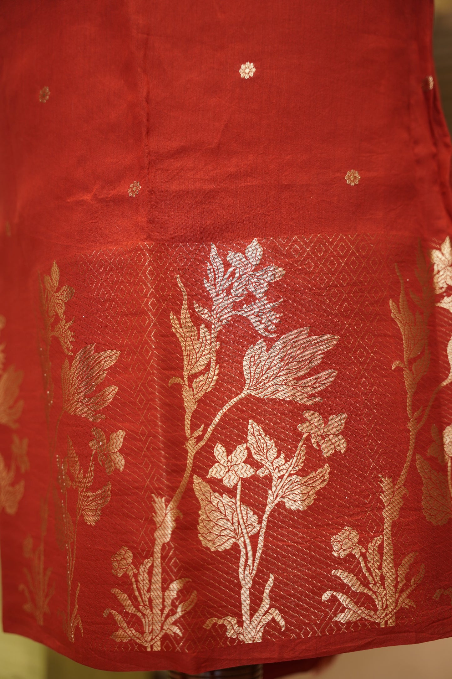 Red Banarasi Chinia Silk Suit with Daaman Zari