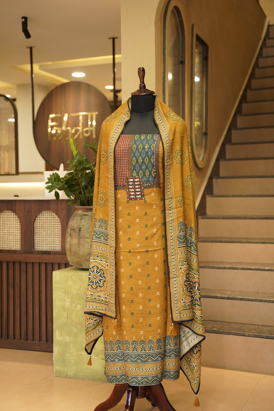 Mustard Muslin Ajrakh Printed Suit
