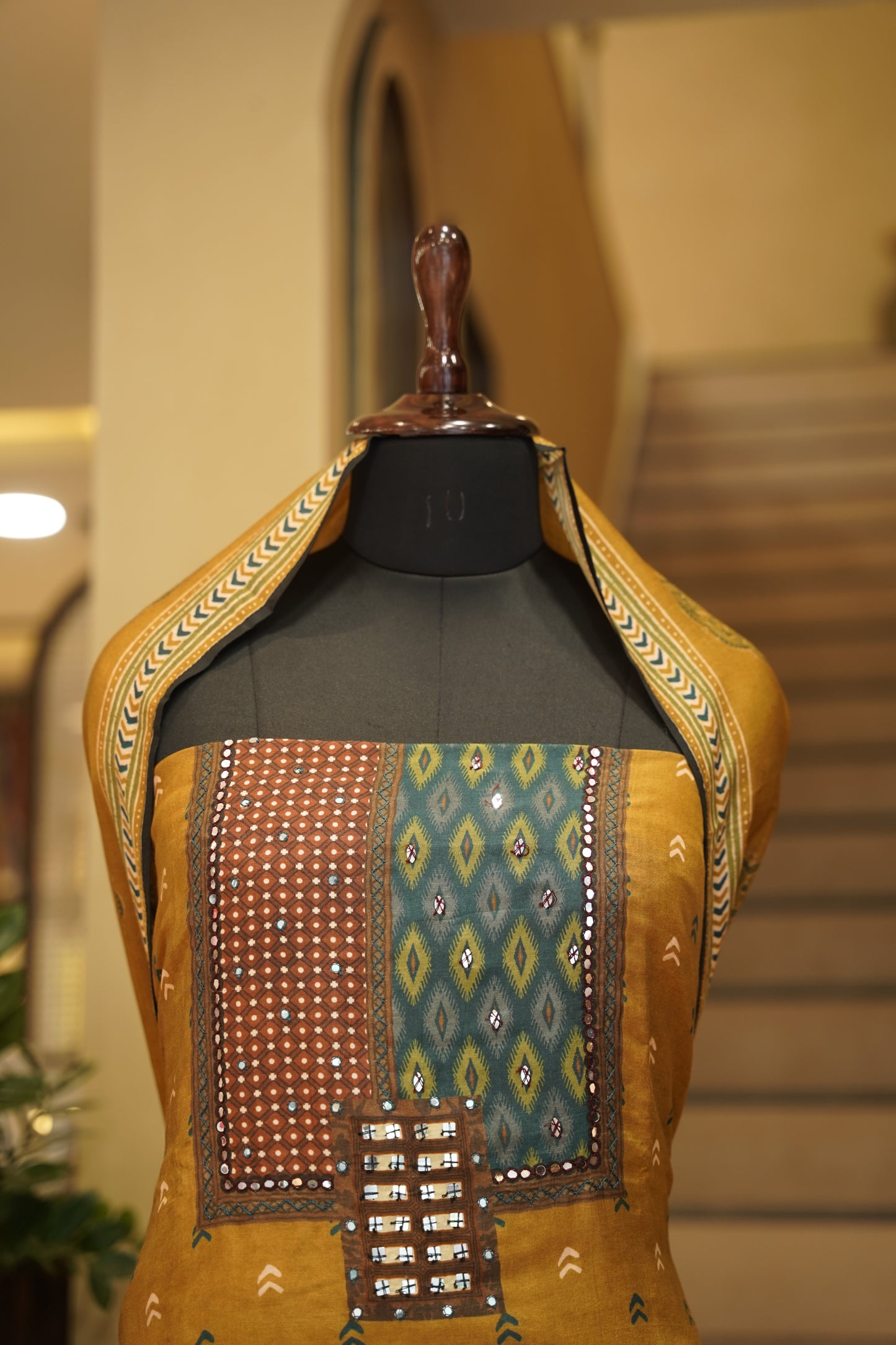Mustard Muslin Ajrakh Printed Suit