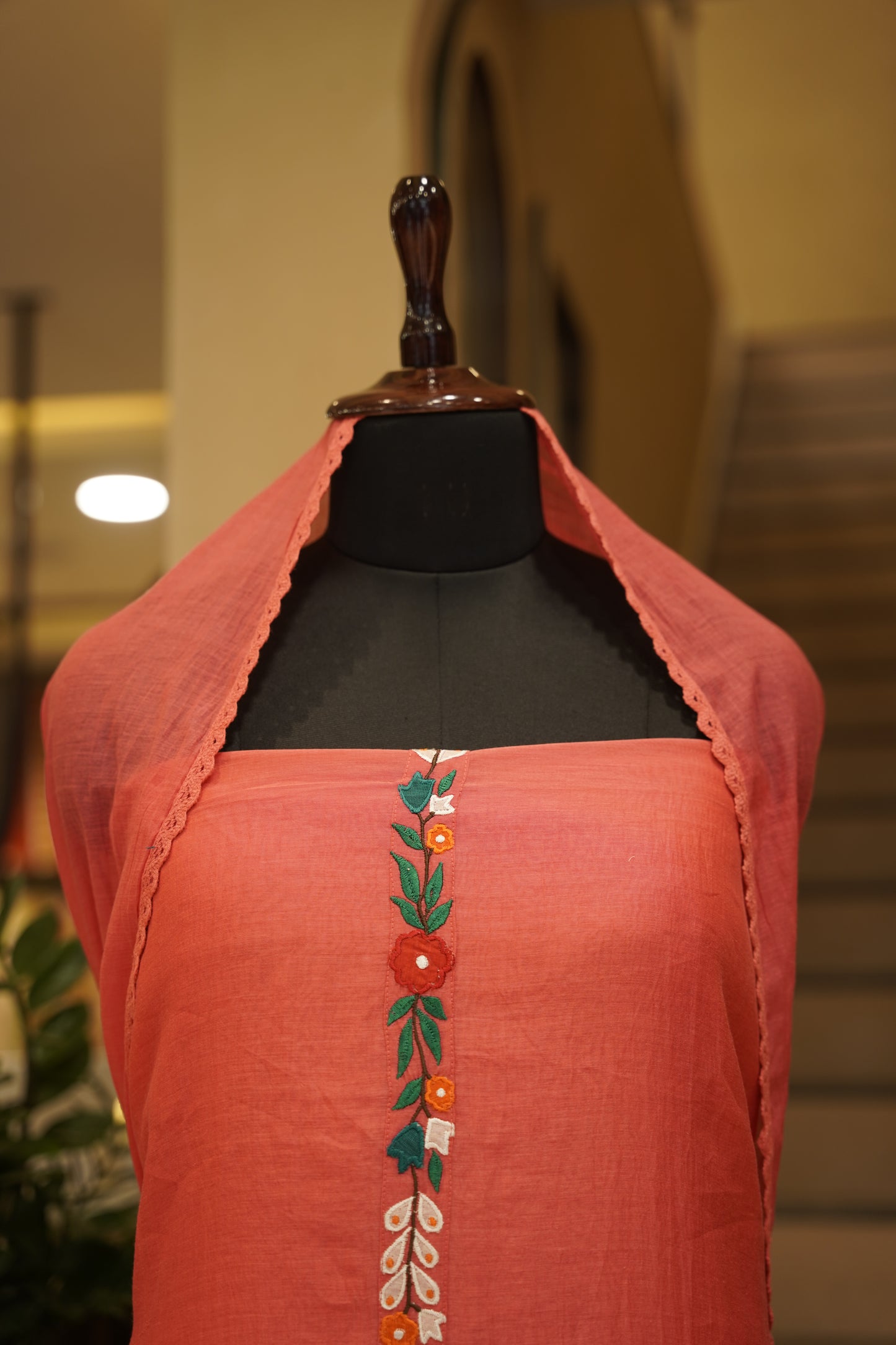 Tomato Mul Chanderi Suit with Applique Work