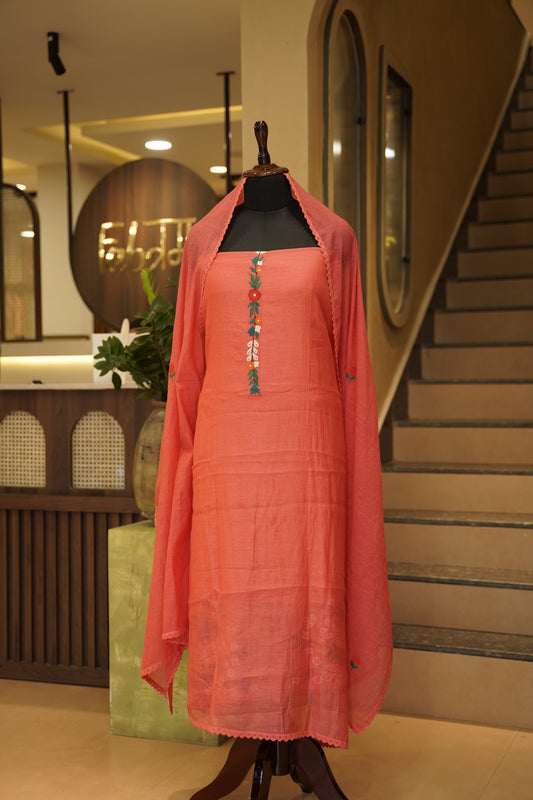 Tomato Mul Chanderi Suit with Applique Work