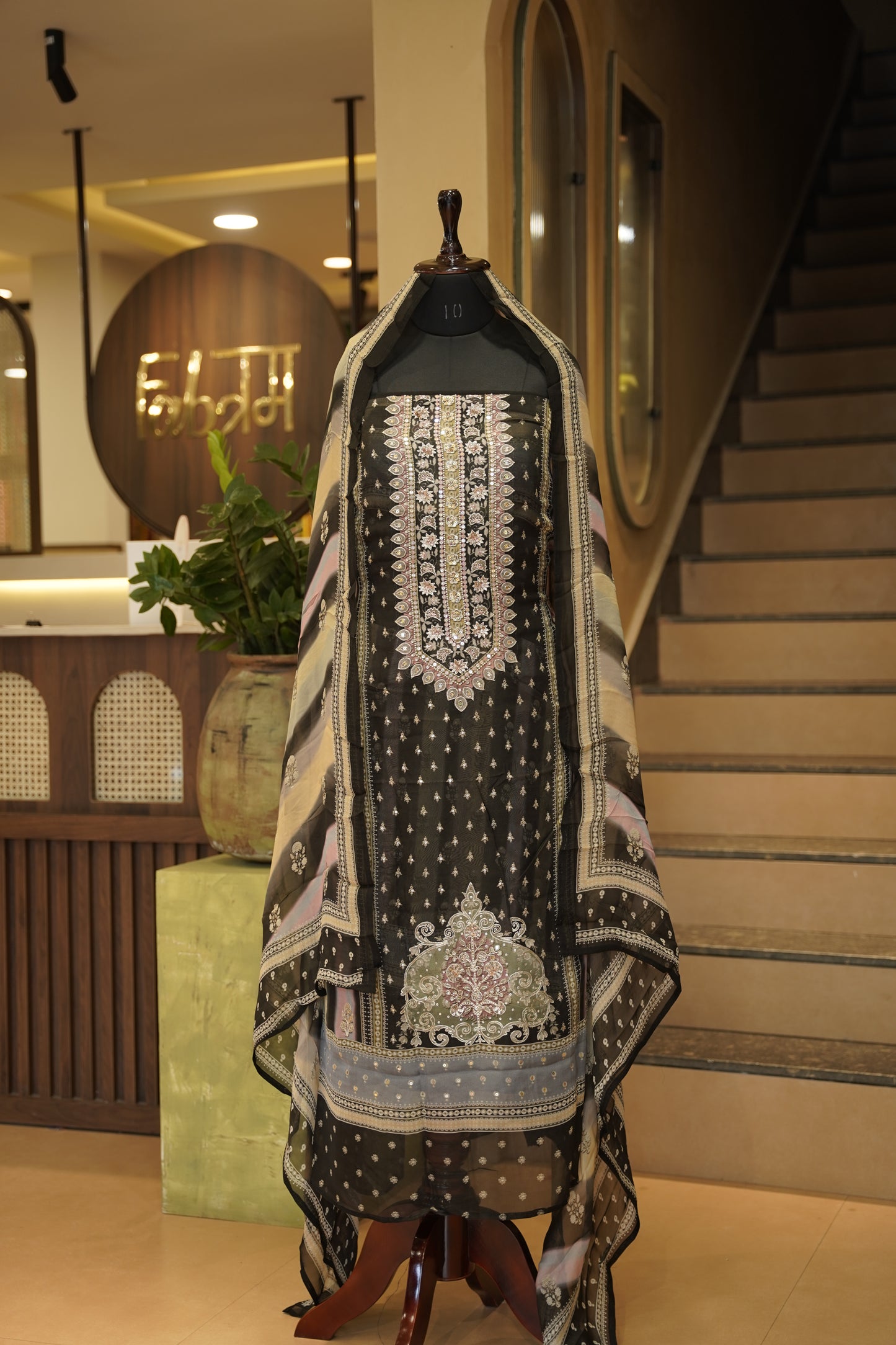 Black Organza Printed Suit with Hand Work