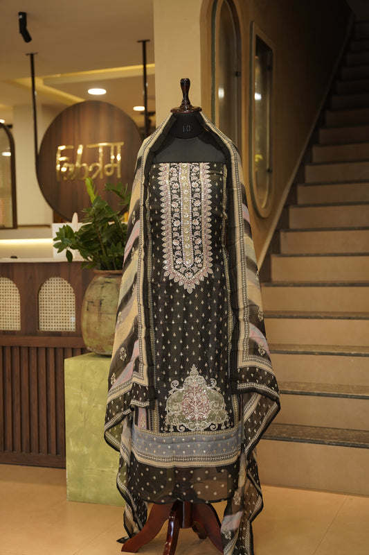 Black Organza Printed Suit with Hand Work