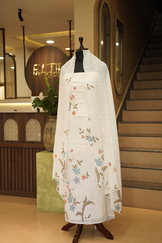 Off White Linen Applique Suit