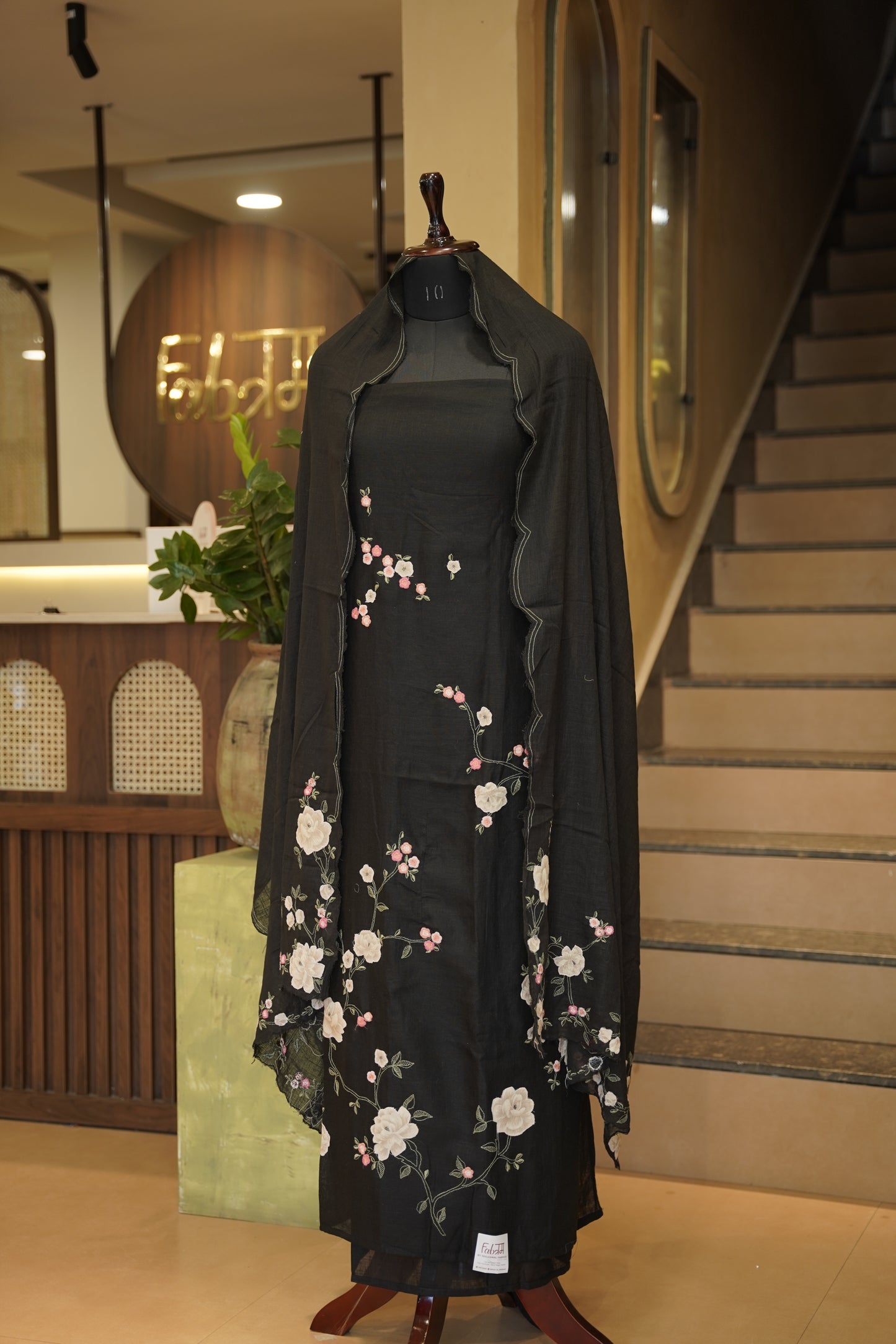 Black Linen Floral Applique Suit