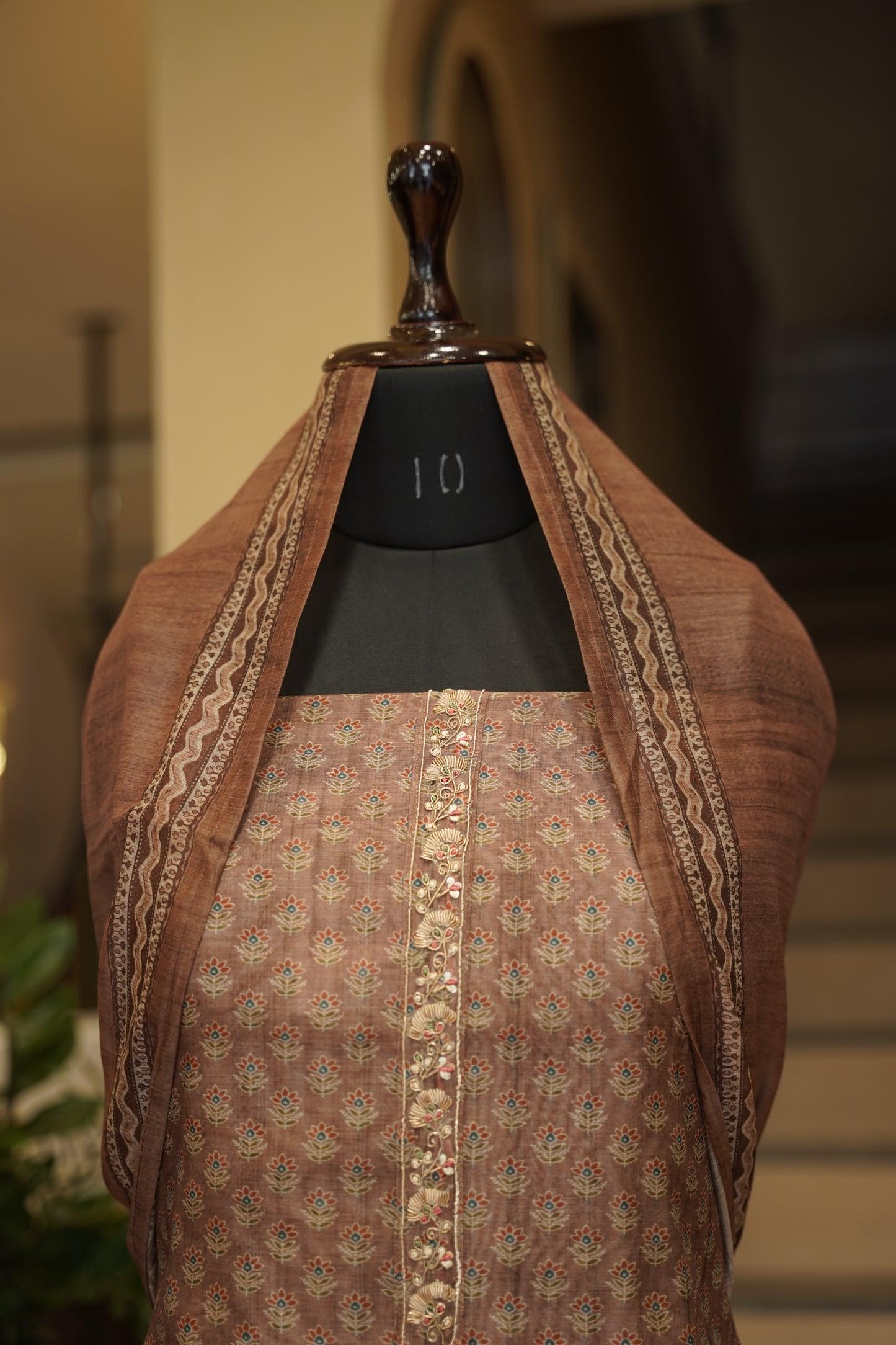 Brown Chanderi Printed Suit