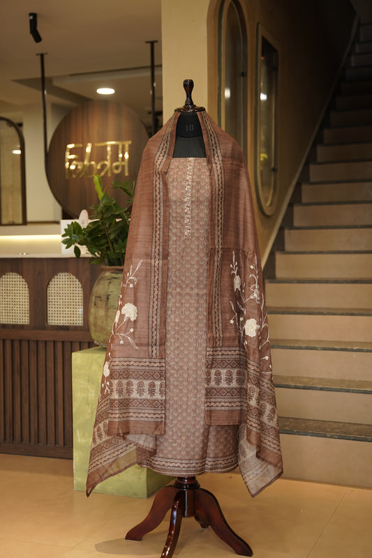 Brown Chanderi Printed Suit