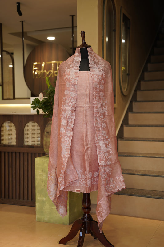 Pink Silk Linen Suit with Appliqué Work