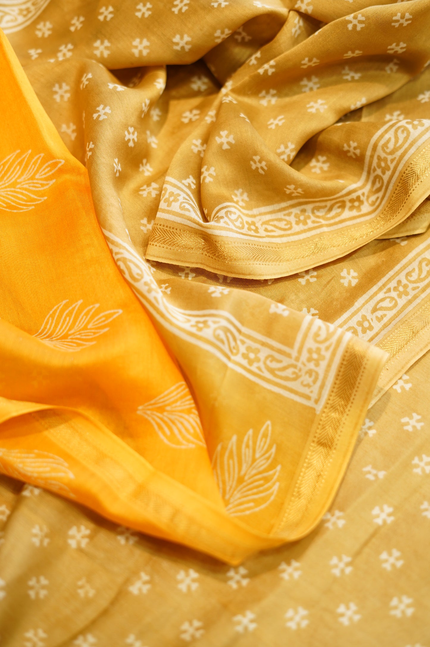 Yellow Maheshwari Discharge Printed Suit