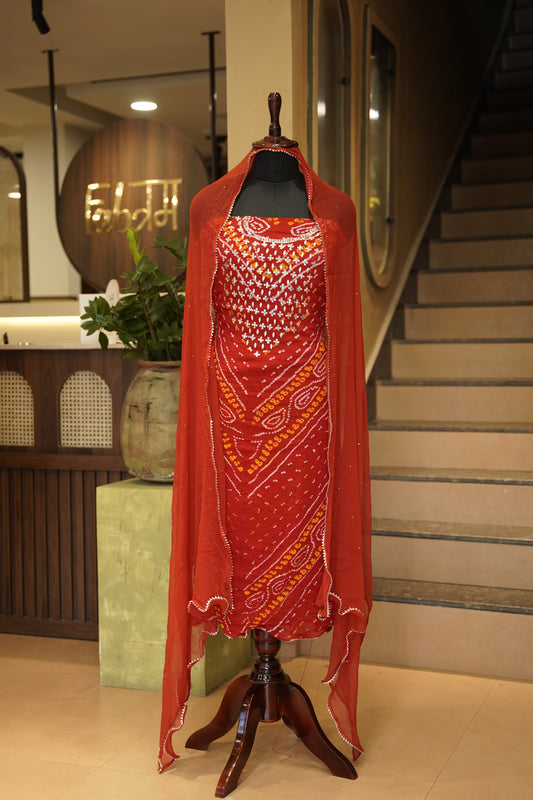 Red Georgette Bandhej Suit with Gota Work