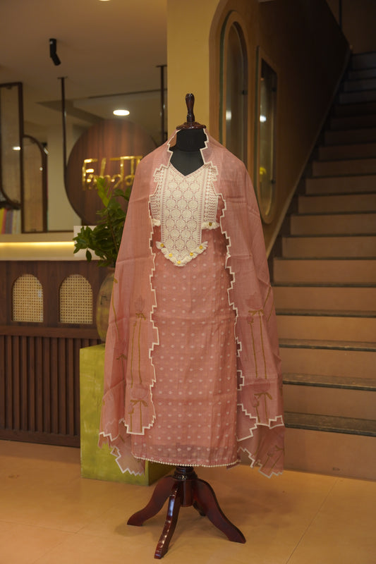 Pink Self Mul Chanderi Suit with Neck Patch