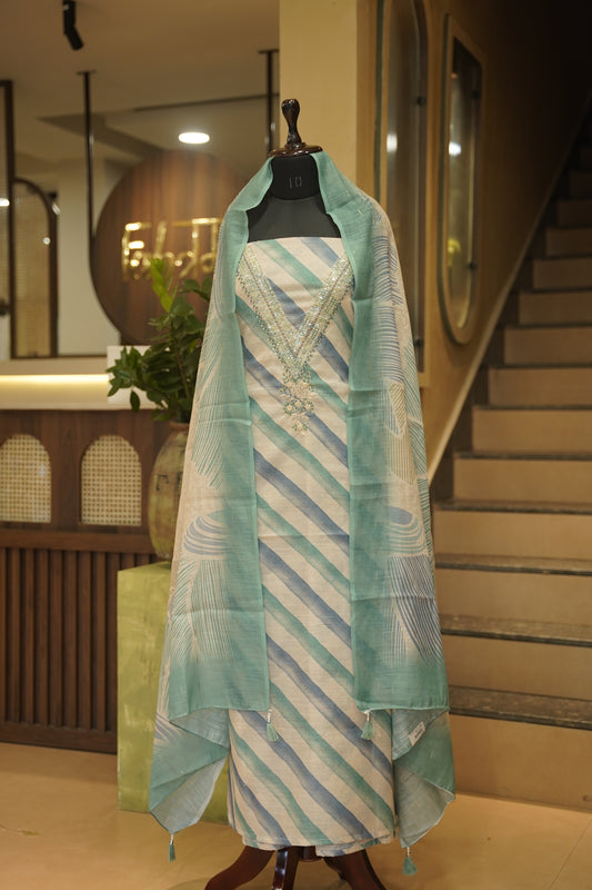Cream Slub Linen Suit with Neck Work