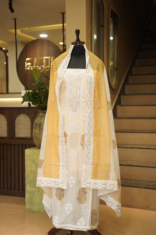 Off White Pure Chanderi Block Printed Suit with Embroidery