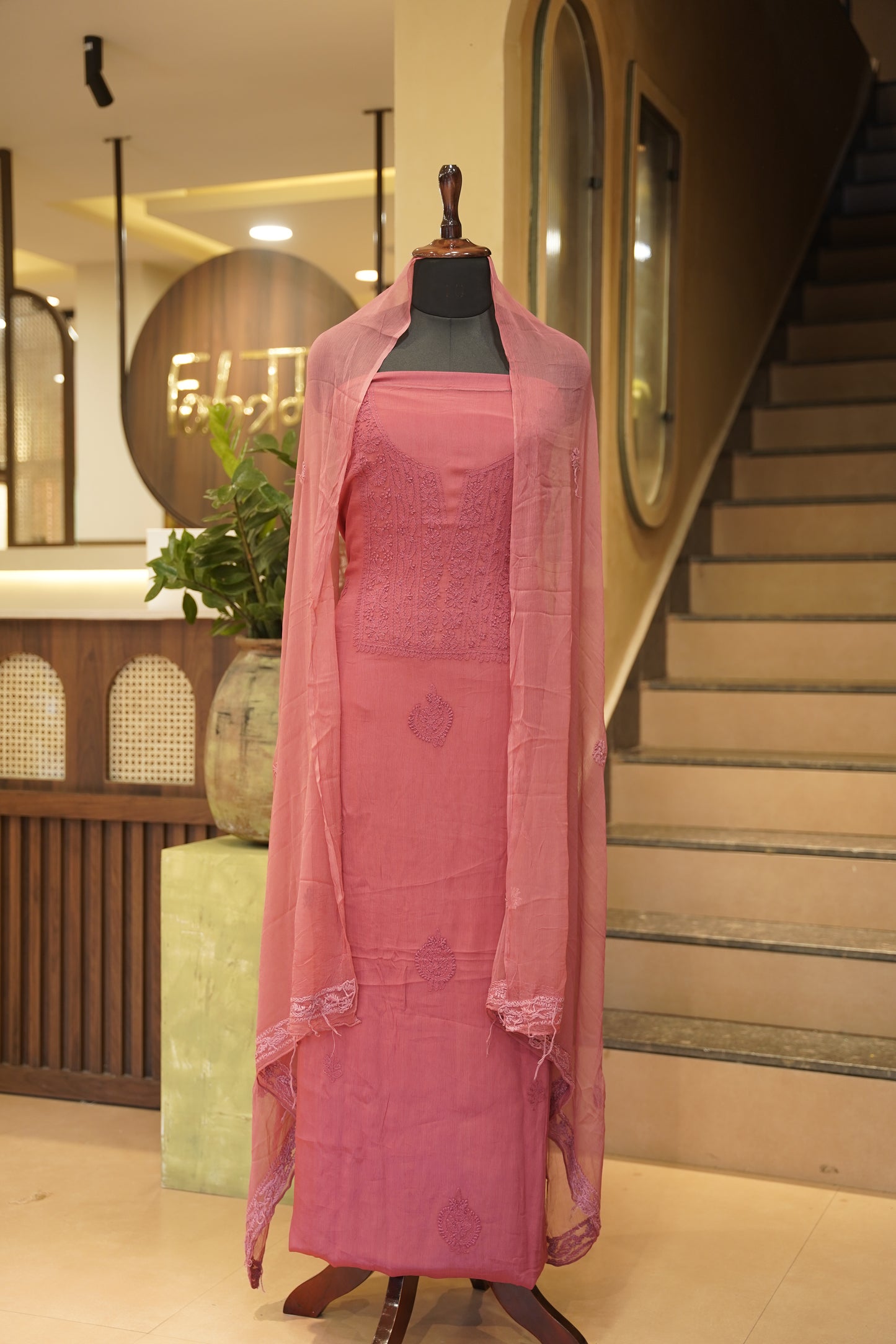 Pink Hand Katha Work Chinon Suit