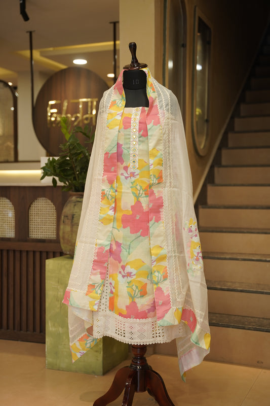 Pure Linen Multicolour Floral Printed Suit