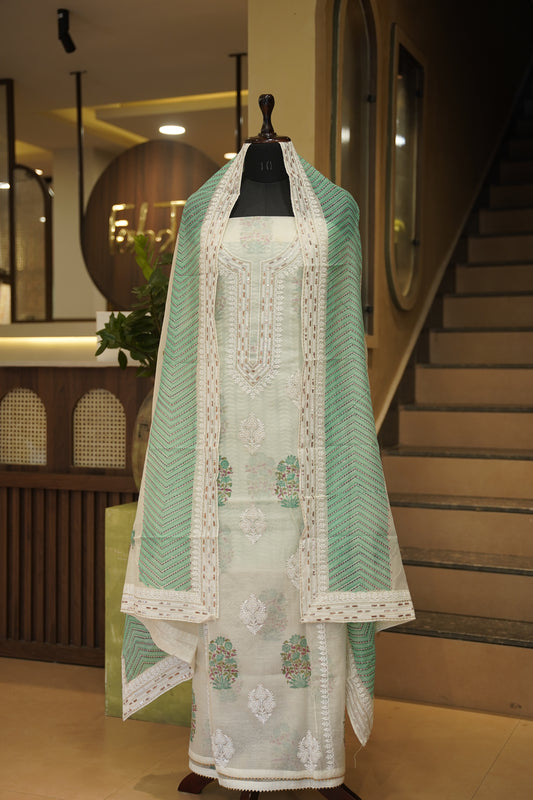 Off White Pure Chanderi Block Printed Suit with Embroidery