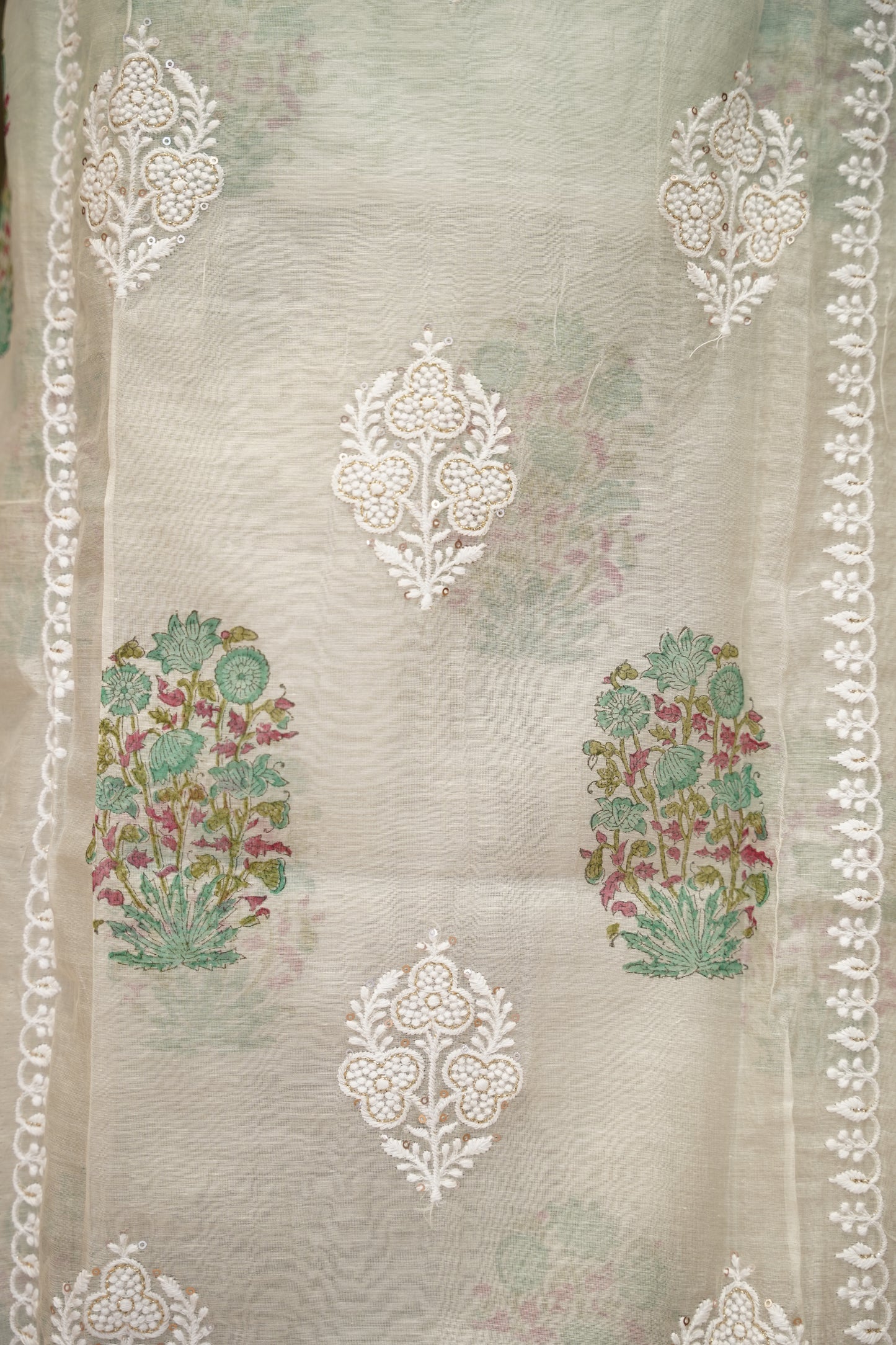Off White Pure Chanderi Block Printed Suit with Embroidery