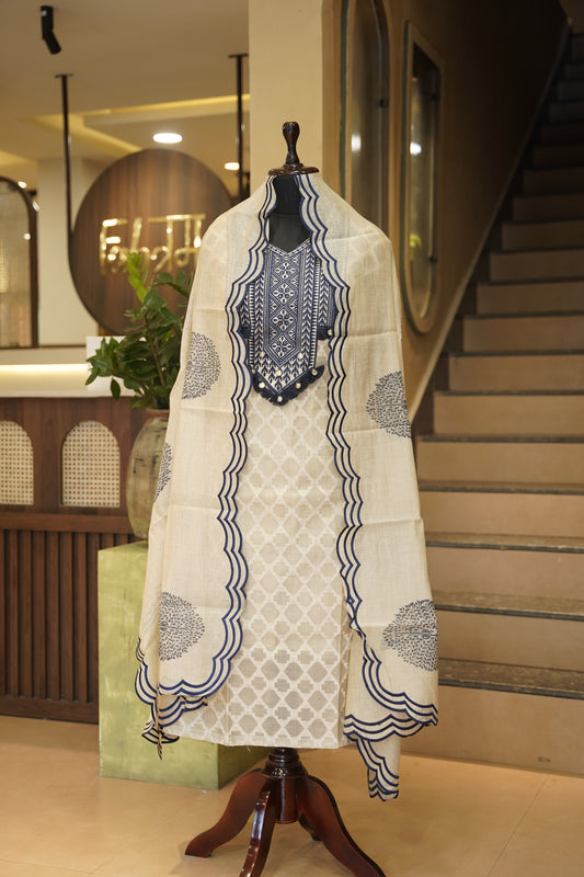 Beige Self Chanderi Suit with Neck Patch