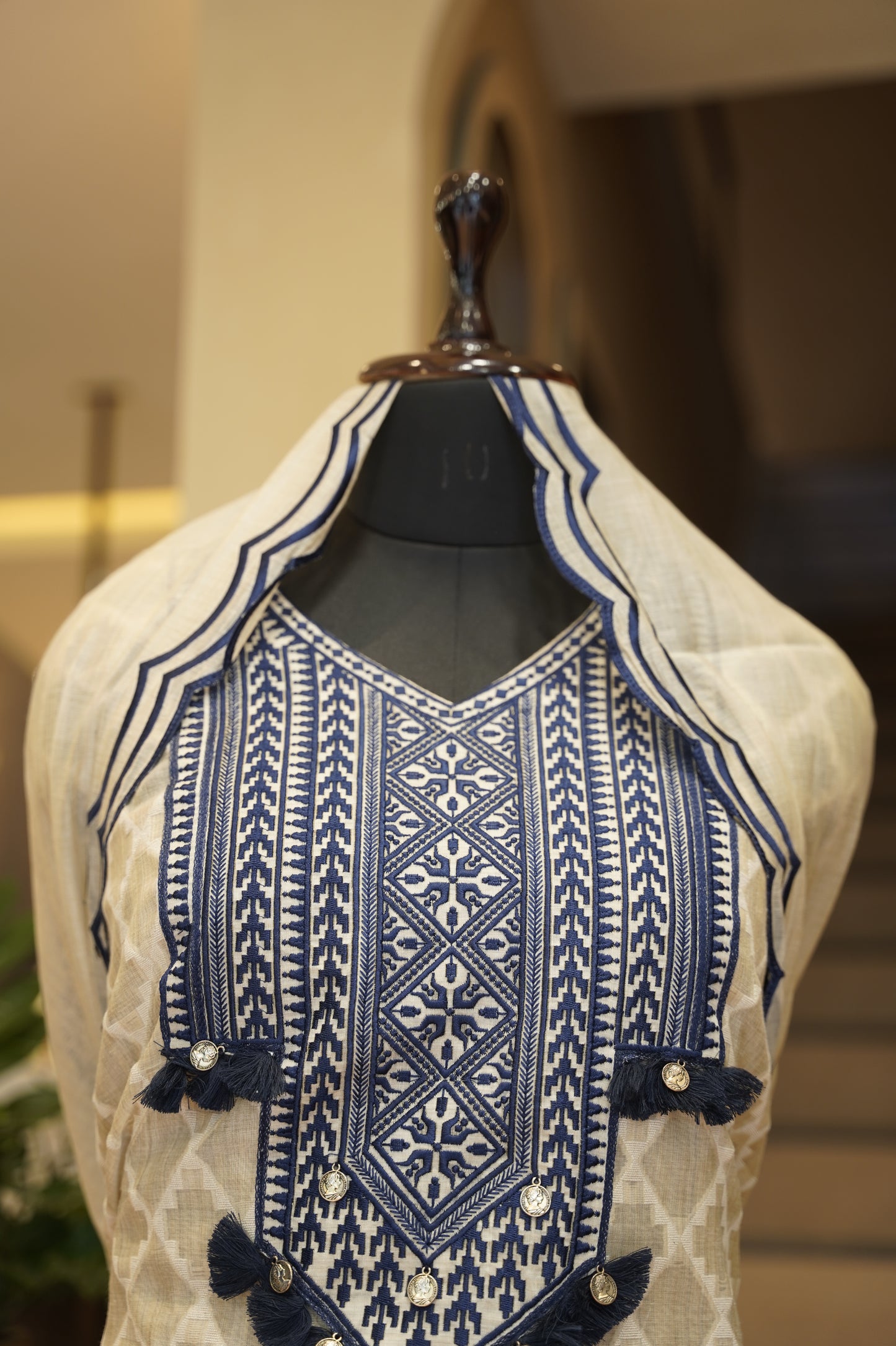 Beige Self Chanderi Suit with Neck Patch