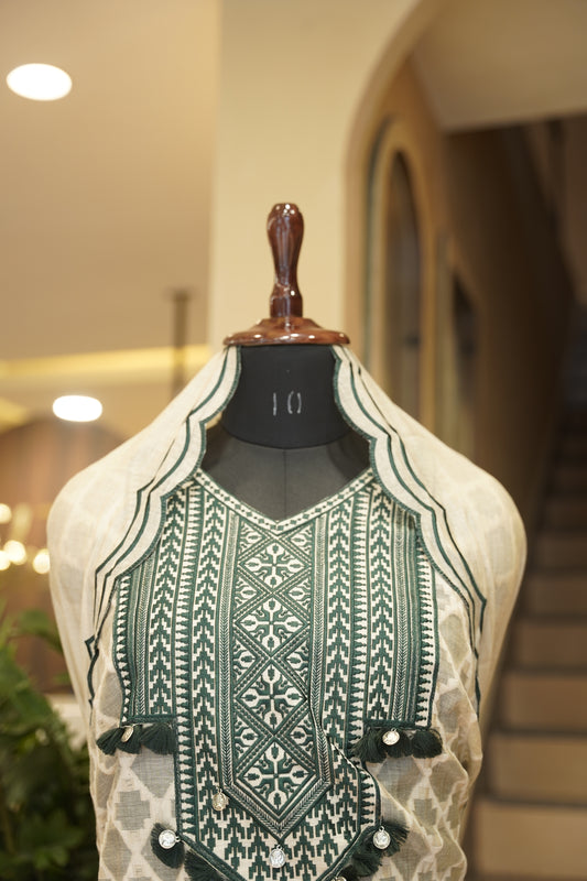 Beige Self Chanderi Suit with Neck Patch