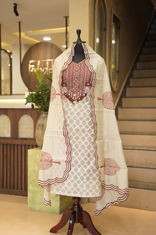 Beige Self Chanderi Suit with Neck Patch