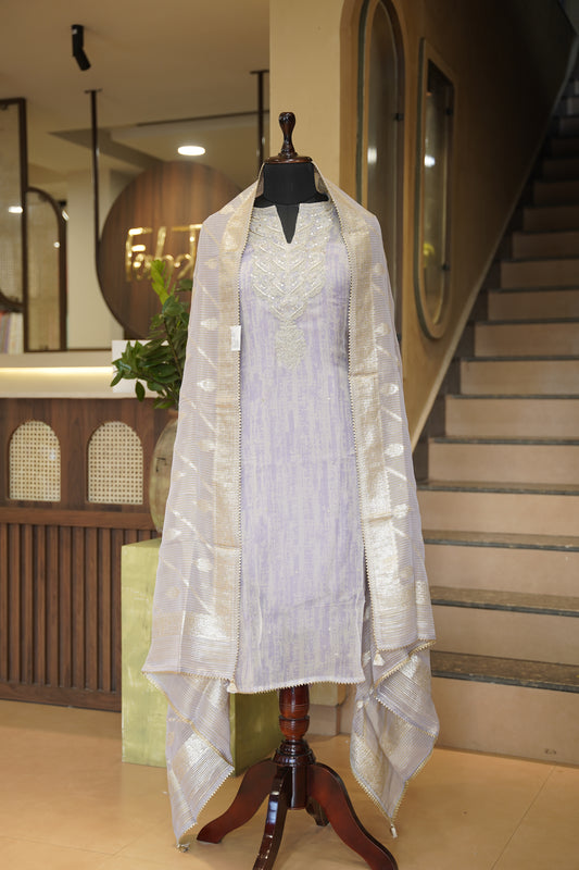 Blue Printed Organza Suit with Neck Work
