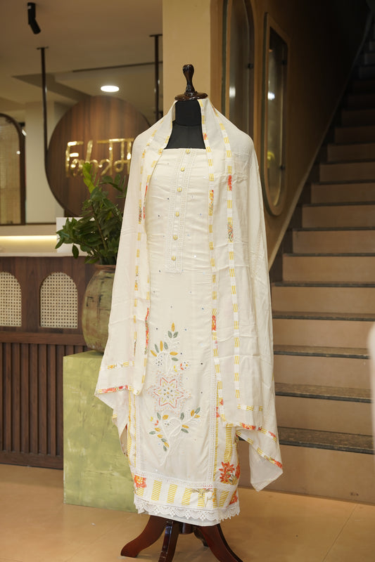 Off White Muslin Suit with Daaman Work